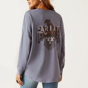 ARIAT Thunderbird Aztec Graphic Long-Sleeve Oversized T-Shirt Women Small Purple